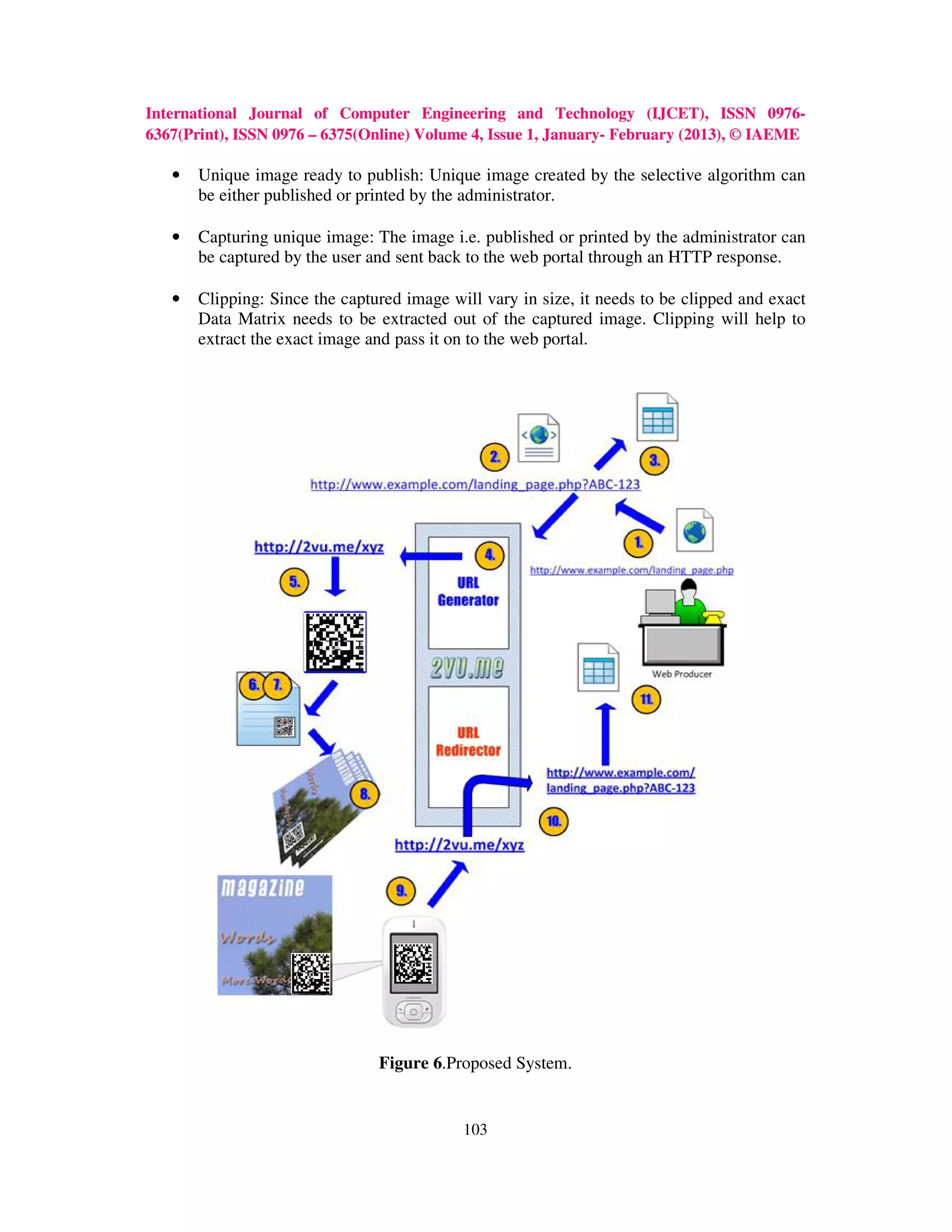 International Journal of Computer Engineering and Technology (IJCET), ISSN 0976-
6367(Print), ISSN 0976 – 6375(Online) Volume 4, Issue 1, January- February (2013), © IAEME

   •   Unique image ready to publish: Unique image created by the selective algorithm can
       be either published or printed by the administrator.

   •   Capturing unique image: The image i.e. published or printed by the administrator can
       be captured by the user and sent back to the web portal through an HTTP response.

   •   Clipping: Since the captured image will vary in size, it needs to be clipped and exact
       Data Matrix needs to be extracted out of the captured image. Clipping will help to
       extract the exact image and pass it on to the web portal.




                                Figure 6.Proposed System.


                                            103
 