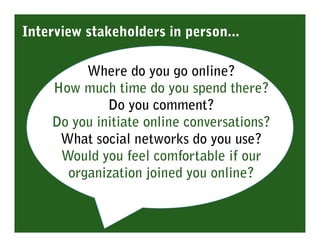 Interview stakeholders in person...

         Where do you go online?
    How much time do you spend there?
             Do you comment?
    Do you initiate online conversations?
     What social networks do you use?
     Would you feel comfortable if our
      organization joined you online?
 