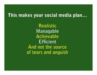 This makes your social media plan…

              Realistic
             Managable
             Achievable
              Efﬁcient
         And not the source
        of tears and anguish
 