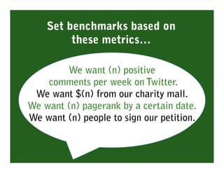 Set benchmarks based on
         these metrics…

        We want (n) positive
    comments per week on Twitter.
 We want $(n) from our charity mall.
We want (n) pagerank by a certain date.
We want (n) people to sign our petition.
 