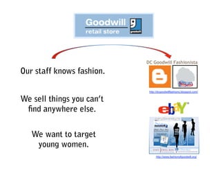 Our staff knows fashion.

                           http://dcgoodwillfashions.blogspot.com/


We sell things you can’t
 ﬁnd anywhere else.


   We want to target
    young women.
                                http://www.fashionofgoodwill.org/
 