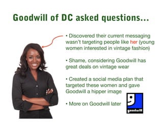 Goodwill of DC asked questions…
            • Discovered their current messaging
            wasn’t targeting people like ...