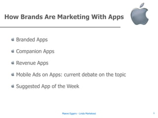 How Brands Are Marketing With Apps


   Branded Apps

   Companion Apps

   Revenue Apps

   Mobile Ads on Apps: current debate on the topic

   Suggested App of the Week




                      Maeve Eggers - Linda Martelossi   1
 