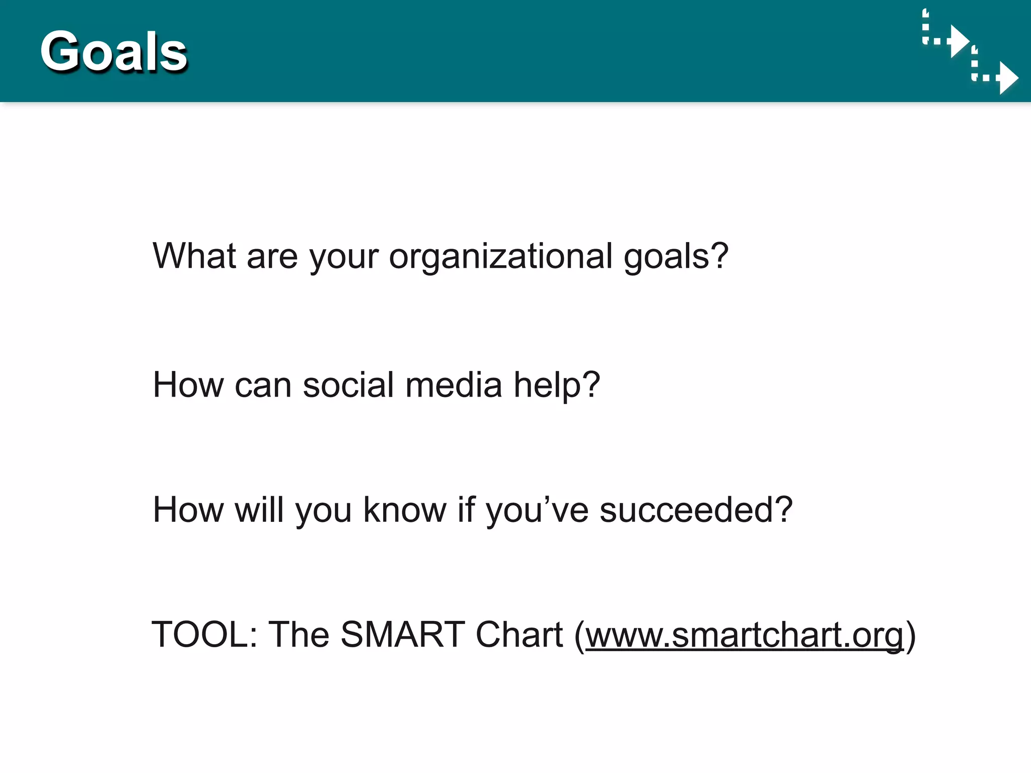 Goals


   What are your organizational goals?


   How can social media help?


   How will you know if you’ve succeeded?


   TOOL: The SMART Chart (www.smartchart.org)
 