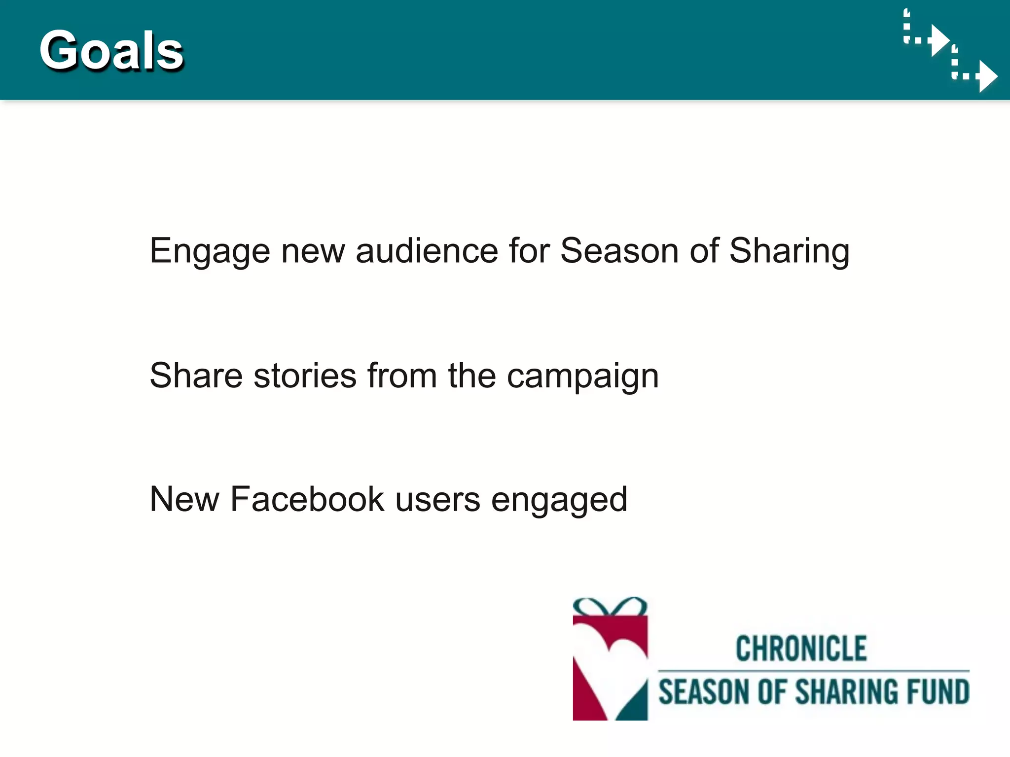 Goals


   Engage new audience for Season of Sharing


   Share stories from the campaign


   New Facebook users engaged
 