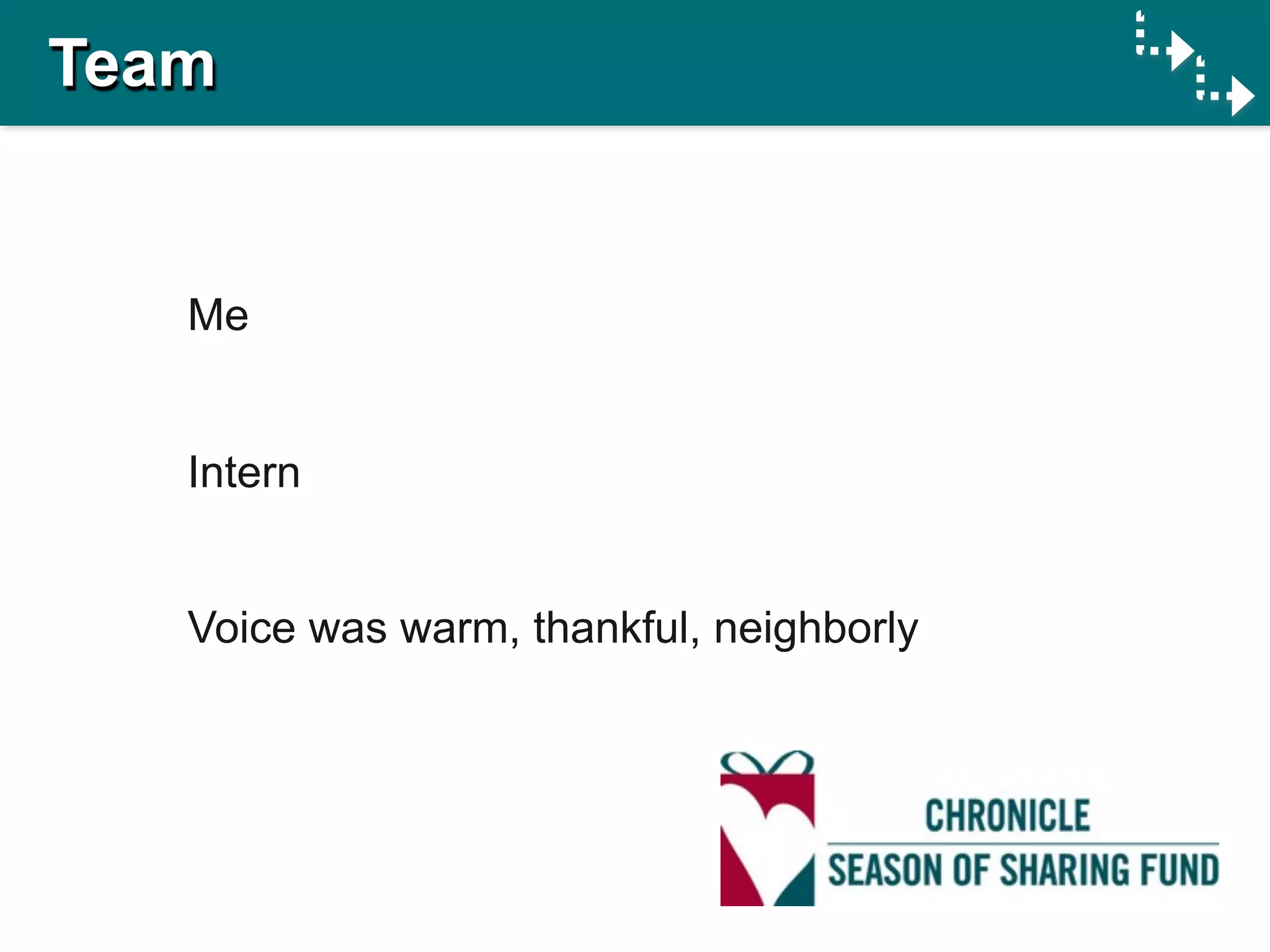 Team


   Me


   Intern


   Voice was warm, thankful, neighborly
 