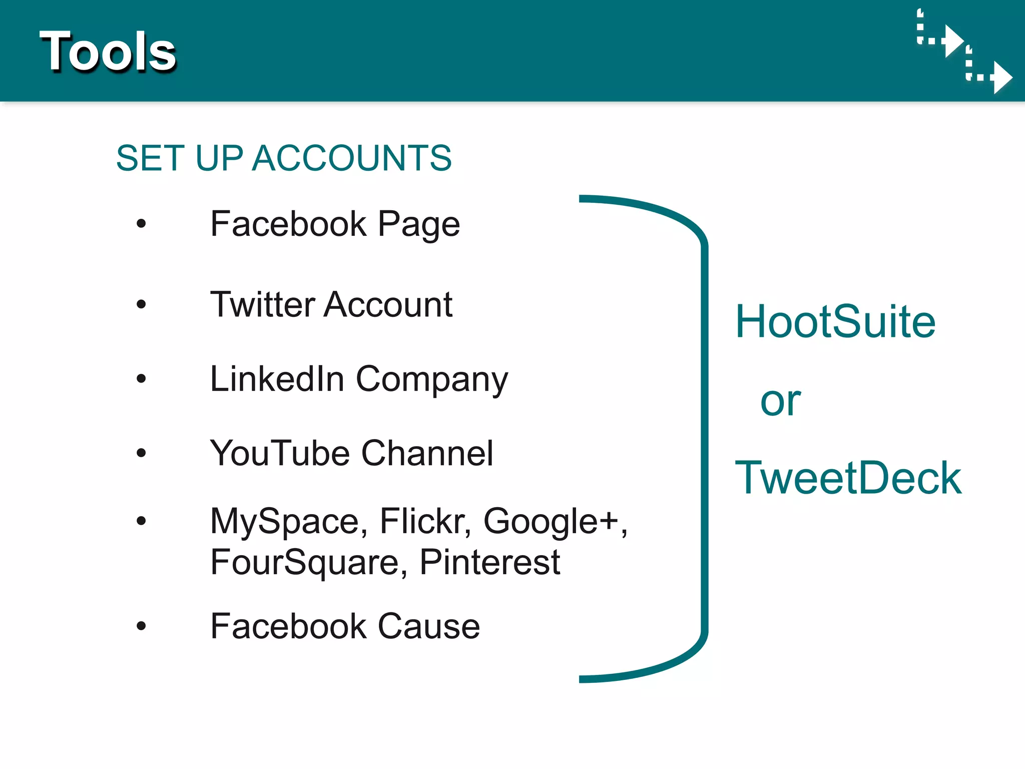 Tools
  SET UP ACCOUNTS
   •    Facebook Page

   •    Twitter Account
                                    HootSuite
   •    LinkedIn Company
                                     or
   •    YouTube Channel
                                    TweetDeck
   •    MySpace, Flickr, Google+,
        FourSquare, Pinterest
   •    Facebook Cause
 