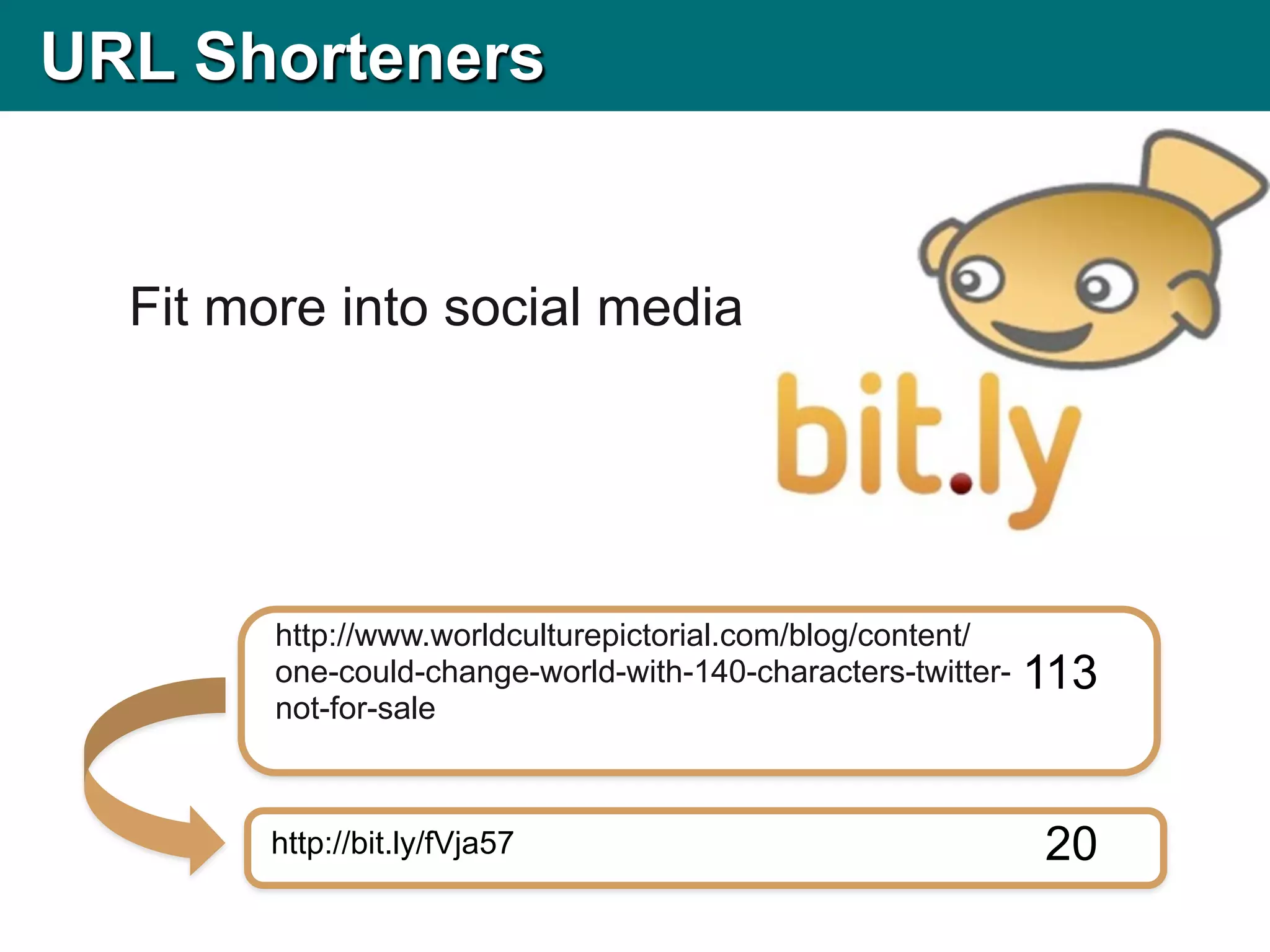URL Shorteners


  Fit more into social media




        http://www.worldculturepictorial.com/blog/content/
        one-could-change-world-with-140-characters-twitter-   113
        not-for-sale



        http://bit.ly/fVja57                                  20
 
