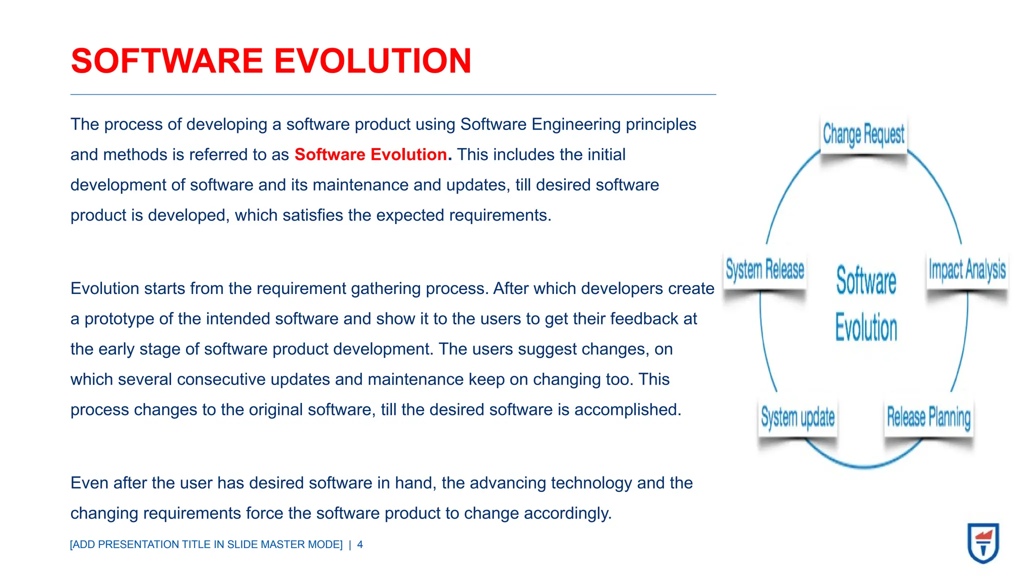 [ADD PRESENTATION TITLE IN SLIDE MASTER MODE] | 4
SOFTWARE EVOLUTION
The process of developing a software product using Software Engineering principles
and methods is referred to as Software Evolution. This includes the initial
development of software and its maintenance and updates, till desired software
product is developed, which satisfies the expected requirements.
Evolution starts from the requirement gathering process. After which developers create
a prototype of the intended software and show it to the users to get their feedback at
the early stage of software product development. The users suggest changes, on
which several consecutive updates and maintenance keep on changing too. This
process changes to the original software, till the desired software is accomplished.
Even after the user has desired software in hand, the advancing technology and the
changing requirements force the software product to change accordingly.
 