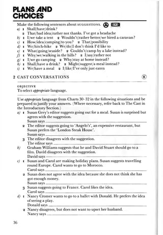 PLANS AND
CHOICES
Make the following sentences about s u g g e s t i o n s . i* - #a
a) i Shall/have/drink?
2 That/bad idea/rather not thanks. I’ve got a headache
b) i I/we take a tent 2 W ouldn’t/rather better/we hired a caravan?
c) 1 How/idea/camping/to you? 2 That/possibility
d) 1 We/hitch-hike 2 W e/do/I don’t think I’d like to
e) 1 What/going/seaside? 2 Couldn’t/camp by a lake instead?
f ) 1 Why/we/walking in the hills? 2 I/say/rather not
g) 1 I/we go camping 2 Why/stay at home instead?
h) 1 Shall/have a drink? 2 Might/suggest/a meal instead?
zj 1 We/have a meal 2 I/like/I’ve only just eaten
2 CAST C O N V E R SA T IO N S ®
O B JE C T IV E
To select appropriate language.
Use appropriate language from Charts 30—32 in the following situations and be
prepared to justify your answers. (Where necessary, refer back to The Cast in
the Introductory Section.)
a) 1 Susan Grey’s editor suggests going out for a meal. Susan is surprised but
agrees with the suggestion.
Susan says______________________________________________________
2 The editor suggests going to ‘Angelo’s’, an expensive restaurant, but
Susan prefers the ‘London Steak House’.
Susan says______________________________________________________
3 The editor disagrees with the suggestion.
The editor says__________________________________________________
b) Graham Williams suggests that he and David Stuart should go to a
film. David disagrees with the suggestion.
David says---------------------------------------------------------------------------------
c) 1 Susan and Carol are making holiday plans. Susan suggests travelling
round Europe. Carol wants to go to Morocco.
Carol says______________________________________________________
2 Susan does not agree with the idea because she does not think she has
got enough money.
Susan says______________________________________________________
3 Susan suggests going to France. Carol likes the idea.
Carol says______________________________________________________
d) 1 Nancy Cromer wants to go to a ballet with Donald. He prefers the idea
ofseeing a play.
Donald says____________________________________________________
2 Nancy disagrees, but does not want to upset her husband.
Nancy says_____________________________________________________
36
 