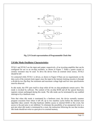 Page 15
Fig. 2.5 Circuit representation of Programmable Clock Out
2.8 Idle Mode Oscillator Characteristics
XTAL1 and XTAL2 are the input and output, respectively, of an inverting amplifier that can be
configured for use as an on-chip oscillator, as shown in Figure 7. Either a quartz crystal or
ceramic resonator may be used. To drive the device from an external clock source, XTAL2
should be left
Un connected while XTAL1 is driven, as shown in Figure 8.There are no requirements on the
duty cycle of the external clock signal, since the input to the internal clocking circuitry is through
a divide-by-two flip-flop, but minimum and maximum voltage high and low time specifications
must be observed.
In idle mode, the CPU puts itself to sleep while all the on chip peripherals remain active. The
mode is invoked by software. The content of the on-chip RAM and all the special functions
registers remain unchanged during this mode. The idle mode can be terminated by any enabled
interrupt or by a hardware reset.
Note that when idle mode is terminated by a hardware reset, the device normally resumes
program execution from where it left off, up to two machine cycles before the internal reset
algorithm takes control. On-chip hardware inhibits access to internal RAM in this event, but
access to the port pins is not inhibited. To eliminate the possibility of an unexpected write to a
port pin when idle mode is terminated by a reset, the instruction following the one that invokes
idle mode should not write to a port pin or to external memory.
 