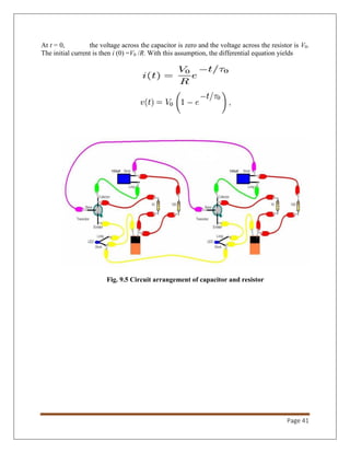 Page 41
At t = 0, the voltage across the capacitor is zero and the voltage across the resistor is V0.
The initial current is then i (0) =V0 /R. With this assumption, the differential equation yields
Fig. 9.5 Circuit arrangement of capacitor and resistor
 