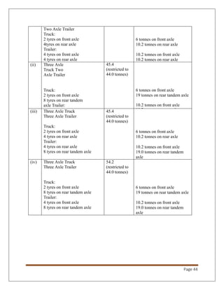 Page 44
Two Axle Trailer
Truck:
2 tyres on front axle
4tyres on rear axle
Trailer:
4 tyres on front axle
4 tyres on rear axle
6 tonnes on front axle
10.2 tonnes on rear axle
10.2 tonnes on front axle
10.2 tonnes on rear axle
(ii) Three Axle
Truck Two
Axle Trailer
Truck:
2 tyres on front axle
8 tyres on rear tandem
axle Trailer:
4 tyres on front
axle 4 tyres on
rear axle
45.4
(restricted to
44.0 tonnes)
6 tonnes on front axle
19 tonnes on rear tandem axle
10.2 tonnes on front axle
10.2 tonnes on rear axle(iii) Three Axle Truck
Three Axle Trailer
Truck:
2 tyres on front axle
4 tyres on rear axle
Trailer:
4 tyres on rear axle
8 tyres on rear tandem axle
45.4
(restricted to
44.0 tonnes)
6 tonnes on front axle
10.2 tonnes on rear axle
10.2 tonnes on front axle
19.0 tonnes on rear tandem
axle
(iv) Three Axle Truck
Three Axle Trailer
Truck:
2 tyres on front axle
8 tyres on rear tandem axle
Trailer:
4 tyres on front axle
8 tyres on rear tandem axle
54.2
(restricted to
44.0 tonnes)
6 tonnes on front axle
19 tonnes on rear tandem axle
10.2 tonnes on front axle
19.0 tonnes on rear tandem
axle
 