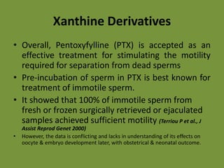 Xanthine Derivatives
• Overall, Pentoxyfylline (PTX) is accepted as an
effective treatment for stimulating the motility
required for separation from dead sperms
• Pre-incubation of sperm in PTX is best known for
treatment of immotile sperm.
• It showed that 100% of immotile sperm from
fresh or frozen surgically retrieved or ejaculated
samples achieved sufficient motility (Terriou P et al., J
Assist Reprod Genet 2000)
• However, the data is conflicting and lacks in understanding of its effects on
oocyte & embryo development later, with obstetrical & neonatal outcome.
 