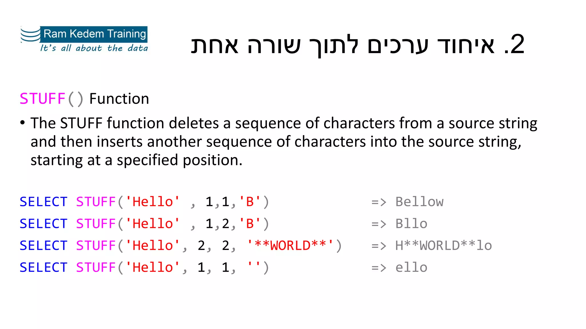 2.‫אחת‬ ‫שורה‬ ‫לתוך‬ ‫ערכים‬ ‫איחוד‬
STUFF() Function
• The STUFF function deletes a sequence of characters from a source string
and then inserts another sequence of characters into the source string,
starting at a specified position.
SELECT STUFF('Hello' , 1,1,'B') => Bellow
SELECT STUFF('Hello' , 1,2,'B') => Bllo
SELECT STUFF('Hello', 2, 2, '**WORLD**') => H**WORLD**lo
SELECT STUFF('Hello', 1, 1, '') => ello
 