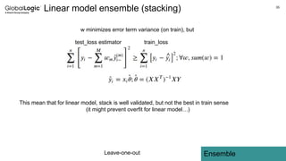 35
Ensemble
Linear model ensemble (stacking)
w minimizes error term variance (on train), but
This mean that for linear model, stack is well validated, but not the best in train sense
(it might prevent overfit for linear model…)
Leave-one-out
test_loss estimator train_loss
 
