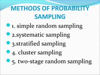 METHODS OF PROBABILITY
SAMPLING
1. simple random sampling
2.systematic sampling
3.stratified sampling
4. cluster sampling
5. two-stage random sampling
 