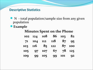 Descriptive Statistics
 N - total population/sample size from any given
population
Example
Minutes Spent on the Phone
102 124 108 86 103 82
71 104 112 118 87 95
103 116 85 122 87 100
105 97 107 67 78 125
109 99 105 99 101 92
 
