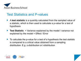 Test Statistics and P-values
A test statistic is a quantity calculated from the sampled value of
a statistic, which is then used to calculate a p-value for a test of
hypothesis
Test Statistic = Variance explained by the model / variance not
explained by the model = Effect / Error
To calculate the p-value for a test of a hypothesis the test statistic
is compared to a critical value obtained from a sampling
distribution. E.g. z-distribution or t-distribution
 