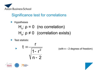 Significance test for correlations
Hypotheses
Ho: ρ = 0 (no correlation)
Ha: ρ ≠ 0 (correlation exists)
Test statistic
(with n – 2 degrees of freedom)
2
n
r
1
r
t
2



 