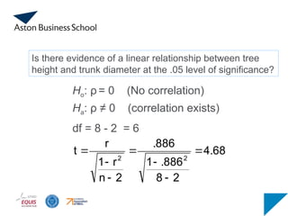 Is there evidence of a linear relationship between tree
height and trunk diameter at the .05 level of significance?
Ho: ρ = 0 (No correlation)
Ha: ρ ≠ 0 (correlation exists)
df = 8 - 2 = 6
4.68
2
8
.886
1
.886
2
n
r
1
r
t
2
2







 
