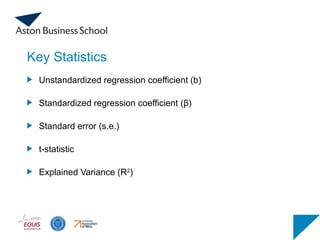 Key Statistics
Unstandardized regression coefficient (b)
Standardized regression coefficient (β)
Standard error (s.e.)
t-statistic
Explained Variance (R2
)
 