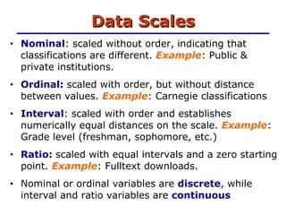 Data Scales Nominal : scaled without order, indicating that  classifications are different.  Example : Public & private institutions. Ordinal :  scaled with order, but without distance between values.  Example : Carnegie classifications Interval : scaled with order and establishes numerically equal distances on the scale.  Example : Grade level (freshman, sophomore, etc.) Ratio :  scaled with equal intervals and a zero starting point.  Example : Fulltext downloads. Nominal or ordinal variables are  discrete , while interval and ratio variables are  continuous   