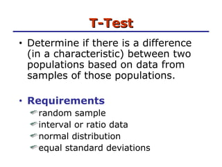 T-Test Determine if there is a difference (in a characteristic) between two populations based on data from samples of those populations. Requirements random sample interval or ratio data normal distribution equal standard deviations 
