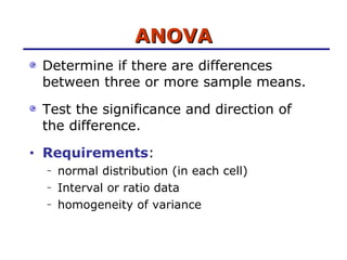 ANOVA Determine if there are differences between three or more sample means. Test the significance and direction of the difference. Requirements :  normal distribution (in each cell) Interval or ratio data homogeneity of variance   