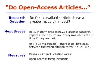 “ Do Open-Access Articles…” Do freely available articles have a greater research impact? Research impact: citation rates Open Access: freely available Research Question Hypotheses H1. Scholarly articles have a greater research impact if the articles are freely available online than if they are not. Ho: (null hypothesis): There is no difference between the mean citation rates: Ho: d1 = d0 Measures 