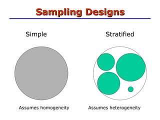 Simple Stratified Assumes homogeneity Assumes heterogeneity Sampling Designs 