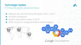 Technologie-Update
IT Entwicklung bei advanced store
► Migration der ad4mat Services/Produkte 2016 -> 2017
► komplett cloudbasiert
► weiterer dezentraler Ausbau in 2018
► KI/ML Ansatz für intelligente Werbemittel/Kampagnen
 