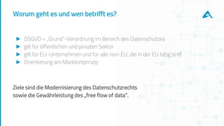 Worum geht es und wen betrifft es?
► DSGVO = „Grund”-Verordnung im Bereich des Datenschutzes
► gilt für öffentlichen und privaten Sektor
► gilt für EU-Unternehmen und für alle non-EU, die in der EU tätig sind
► Orientierung am Marktortprinzip
Ziele sind die Modernisierung des Datenschutzrechts
sowie die Gewährleistung des „free flow of data”.
 