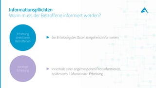 Informationspflichten
Wann muss der Betroffene informiert werden?
► innerhalb einer angemessenen Frist informieren,
spätestens 1 Monat nach Erhebung
Erhebung
direkt beim
Betroffenen
sonstige
Erhebung
► bei Erhebung der Daten umgehend informieren
 