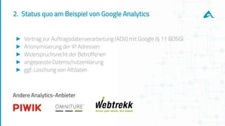 2. Status quo am Beispiel von Google Analytics
► Vertrag zur Auftragsdatenverarbeitung (ADV) mit Google (§ 11 BDSG)
► Anonymisierung der IP Adressen
► Widerspruchsrecht der Betroffenen
► angepasste Datenschutzerklärung
► ggf. Löschung von Altdaten
Andere Analytics-Anbieter
 