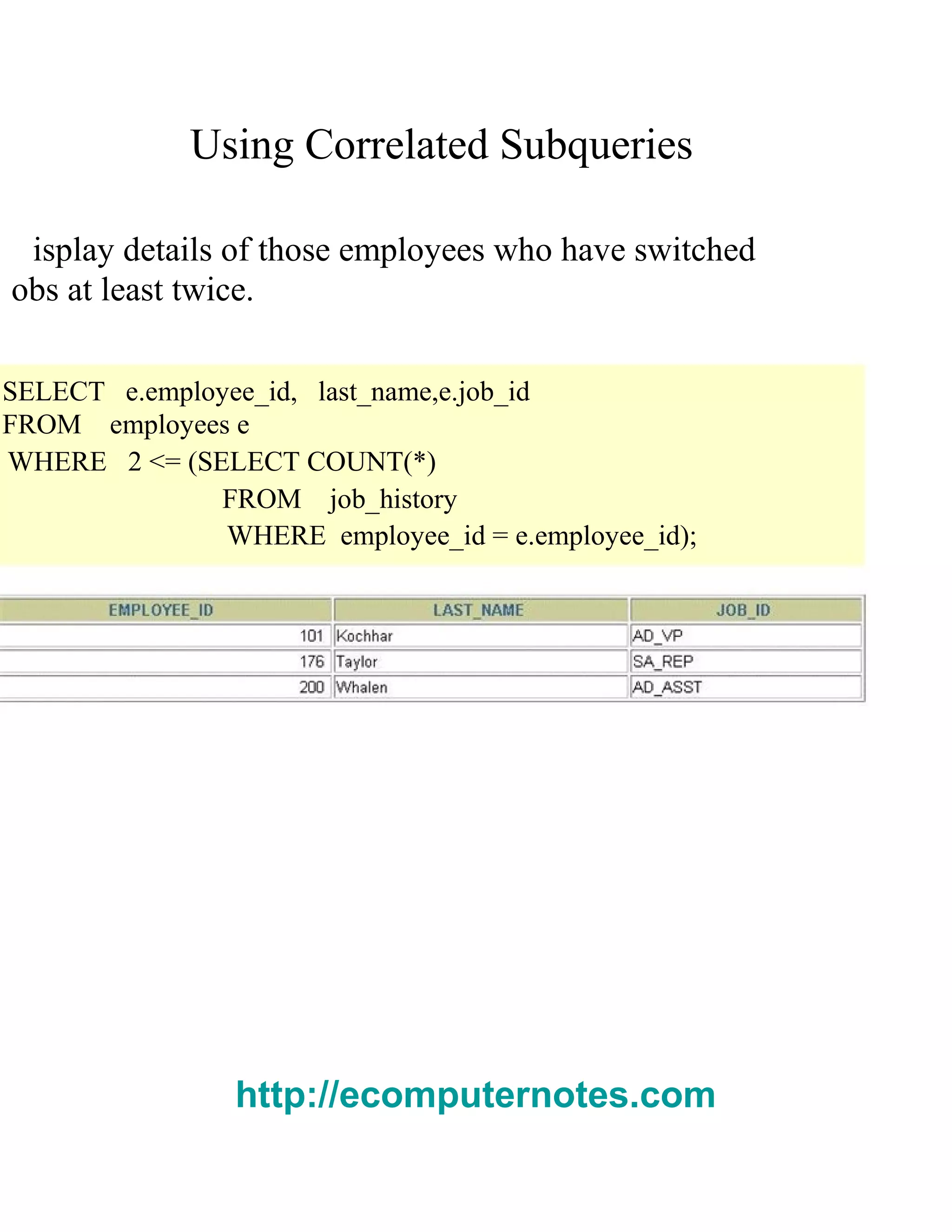 Using Correlated Subqueries
isplay details of those employees who have switched
obs at least twice.
SELECT e.employee_id, last_name,e.job_id
FROM employees e
WHERE 2 <= (SELECT COUNT(*)
FROM job_history
WHERE employee_id = e.employee_id);
http://ecomputernotes.com
 
