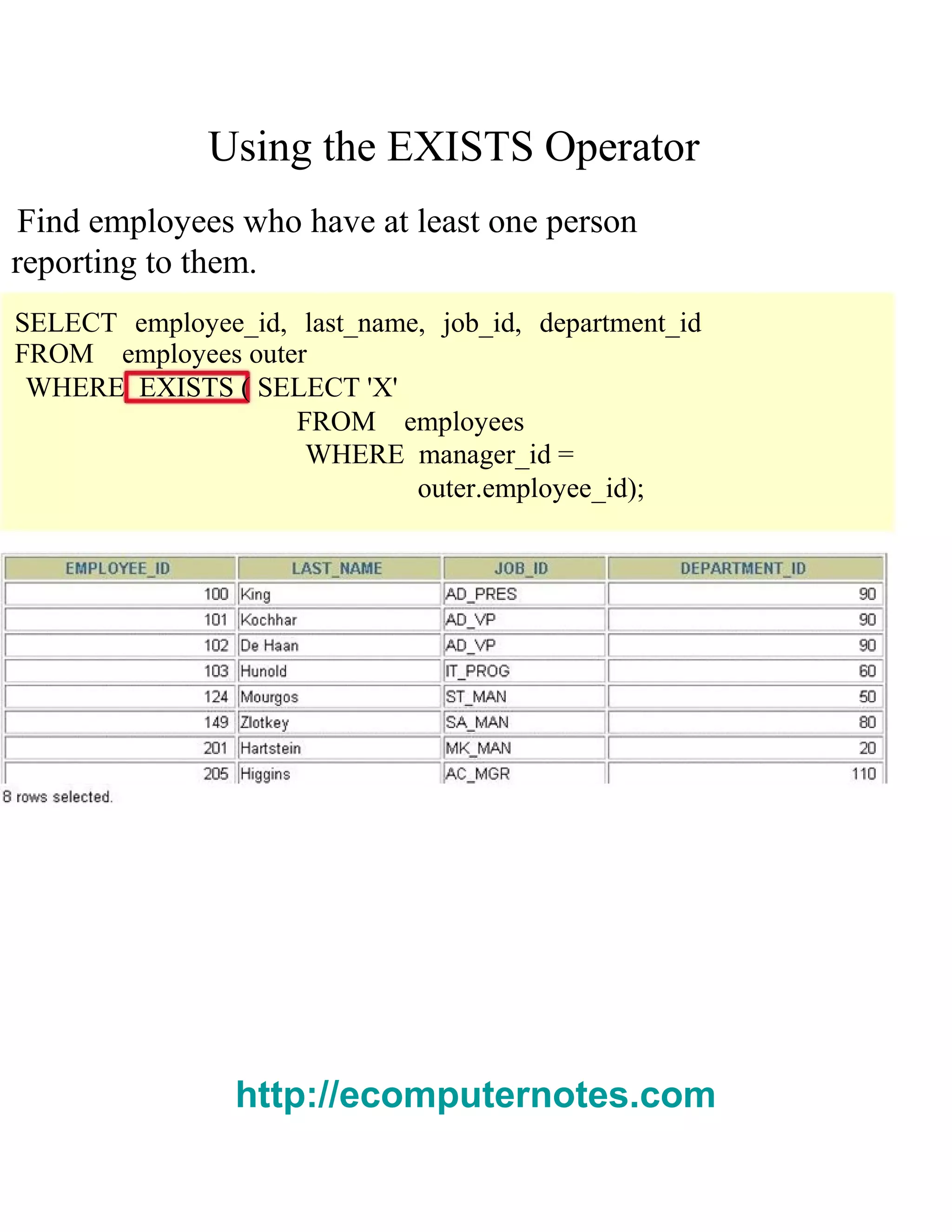 Using the EXISTS Operator
Find employees who have at least one person
reporting to them.
SELECT employee_id, last_name, job_id, department_id
FROM employees outer
WHERE EXISTS ( SELECT 'X'
FROM employees
WHERE manager_id =
outer.employee_id);
http://ecomputernotes.com
 