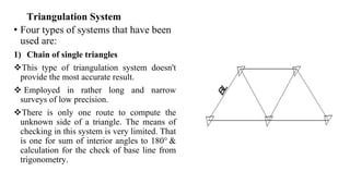 Triangulation System
• Four types of systems that have been
used are:
1) Chain of single triangles
This type of triangulation system doesn't
provide the most accurate result.
 Employed in rather long and narrow
surveys of low precision.
There is only one route to compute the
unknown side of a triangle. The means of
checking in this system is very limited. That
is one for sum of interior angles to 180° &
calculation for the check of base line from
trigonometry.
 