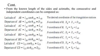 Cont.
• From the known length of the sides and azimuths, the consecutive and
independent coordinates can be computed as:
 