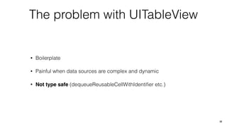 The problem with UITableView
• Boilerplate
• Painful when data sources are complex and dynamic
• Not type safe (dequeueReusableCellWithIdentiﬁer etc.)
22
 
