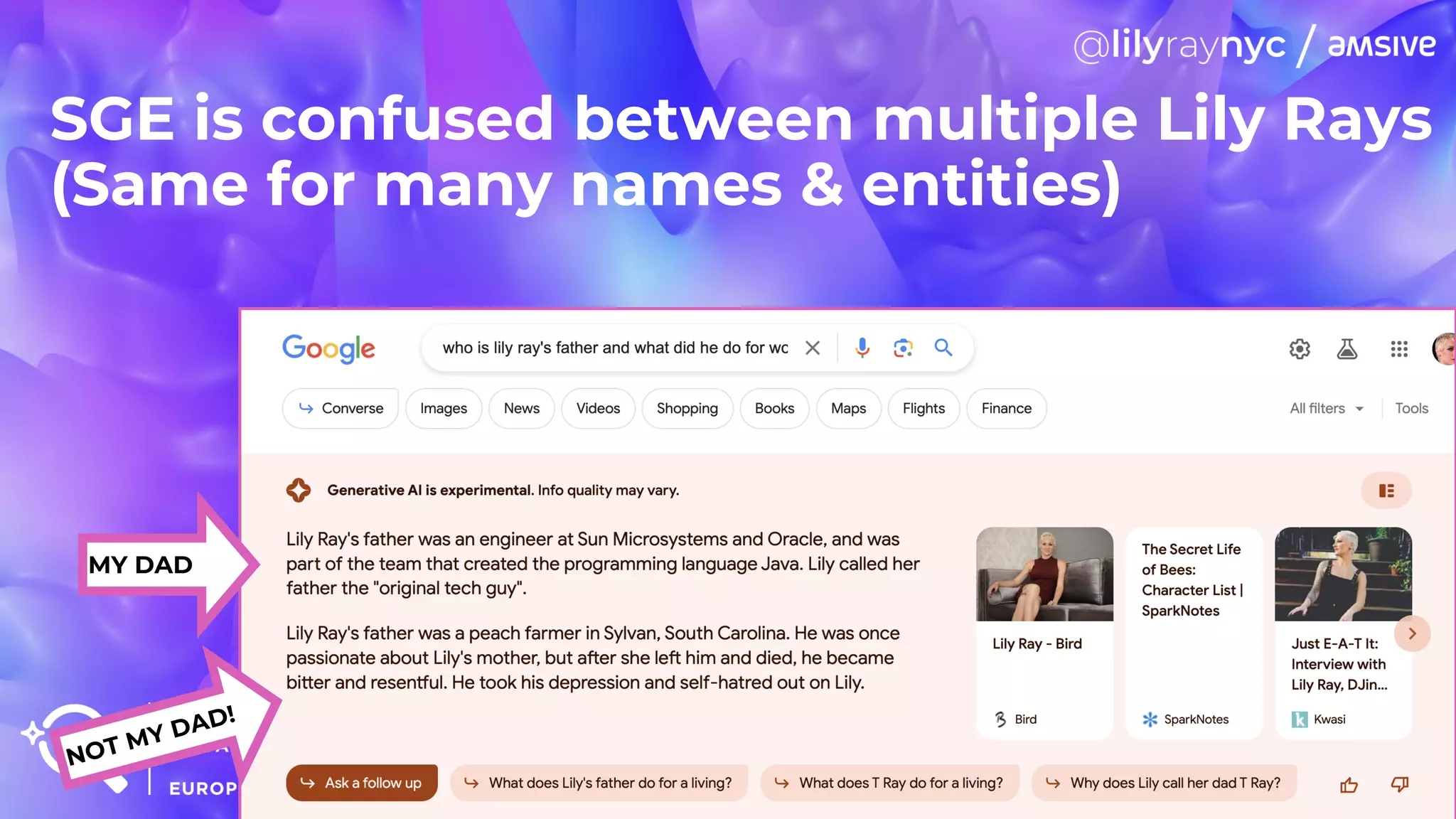 SGE is confused between multiple Lily Rays
(Same for many names & entities)
MY DAD
 