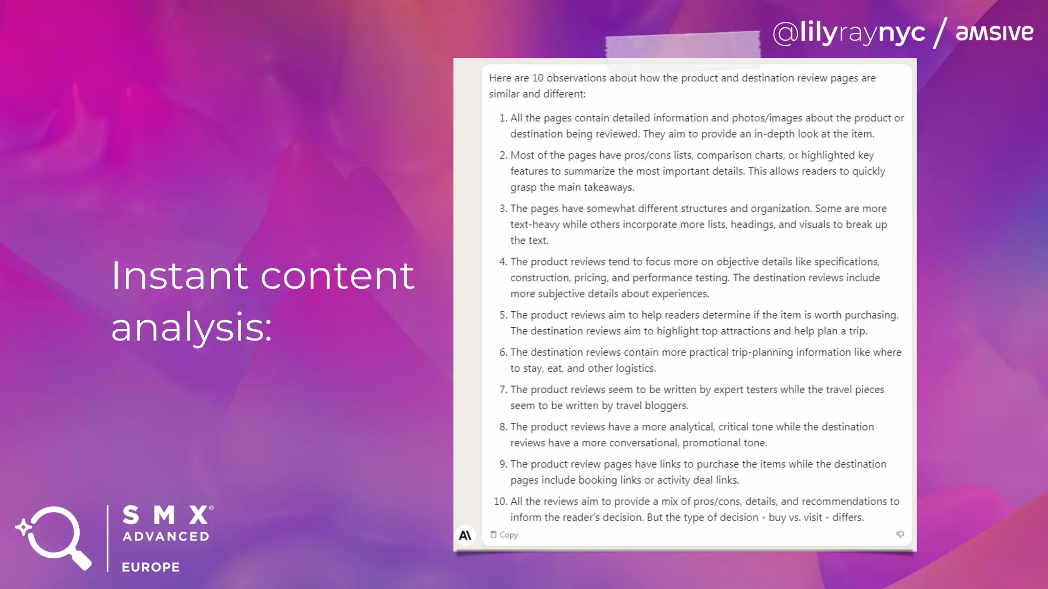 Instant content
analysis:
 