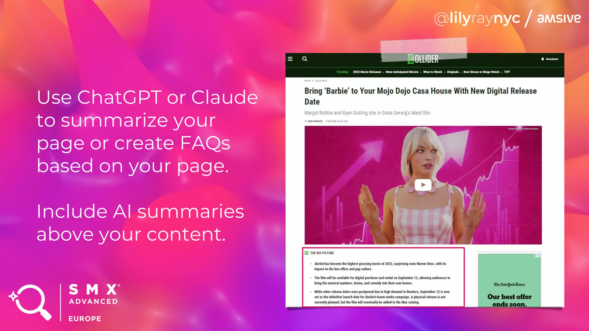 Use ChatGPT or Claude
to summarize your
page or create FAQs
based on your page.
Include AI summaries
above your content.
 
