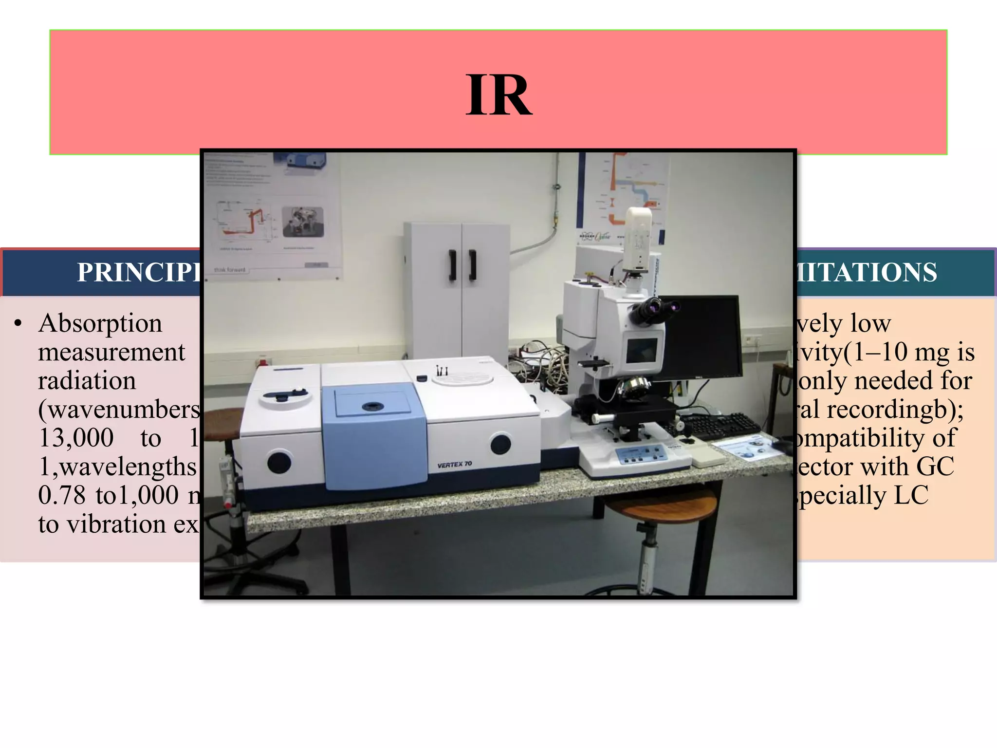 IR
PRINCIPLE
• Absorption
measurement of IR
radiation
(wavenumbers from
13,000 to 10 cm–
1,wavelengths from
0.78 to1,000 mm) due
to vibration excitation
APPLICATION
• Structure elucidation
(determination of
functionalgroups),Qua
litative analysis II
(polymers,plastics,
resins,food, and so
on)
LIMITATIONS
• Relatively low
sensitivity(1–10 mg is
commonly needed for
Spectral recordingb);
low compatibility of
IR detector with GC
and especially LC
 