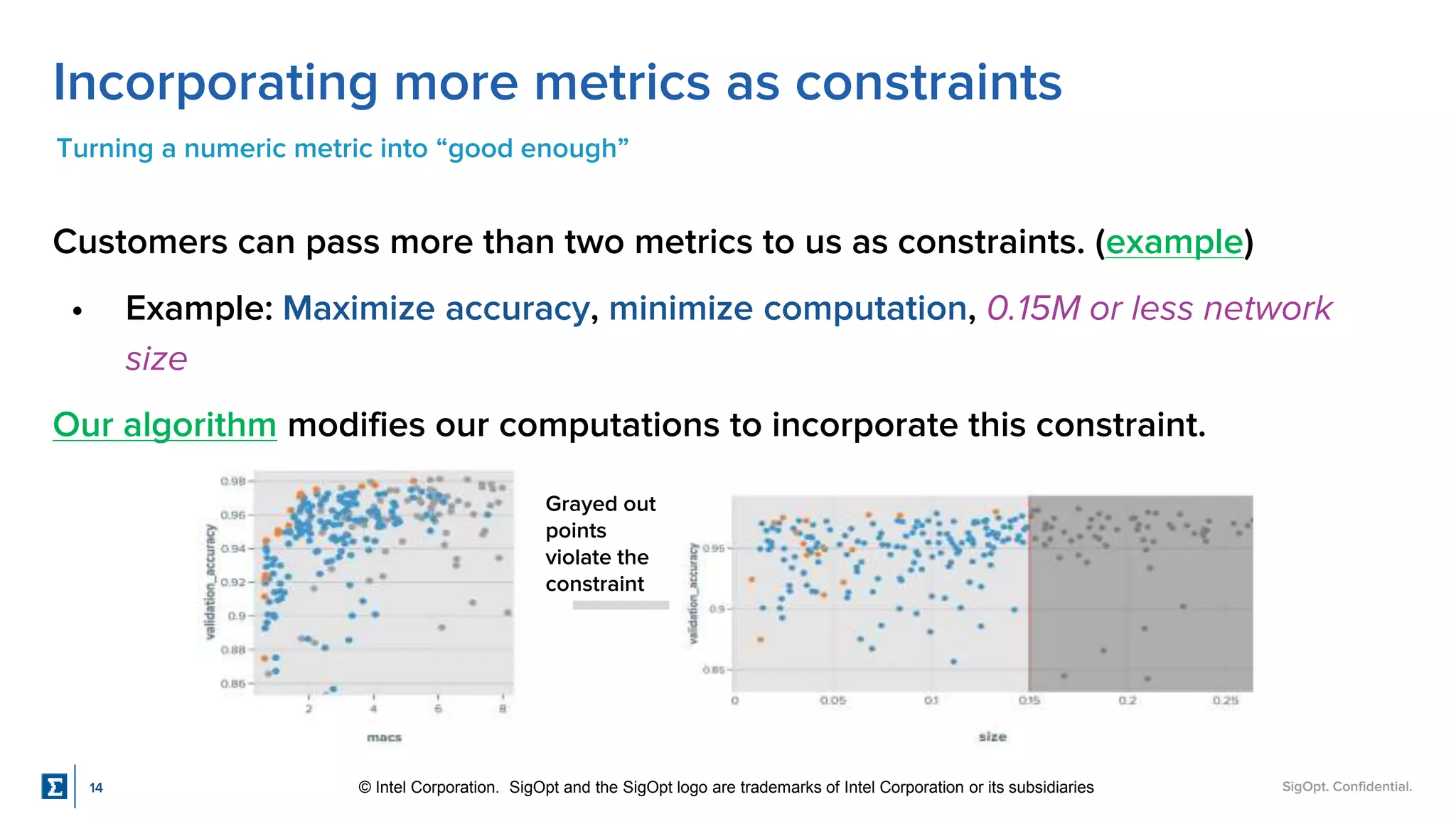 SigOpt. Confidential.
Incorporating more metrics as constraints
Turning a numeric metric into “good enough”
Customers can pass more than two metrics to us as constraints. (example)
• Example: Maximize accuracy, minimize computation, 0.15M or less network
size
Our algorithm modifies our computations to incorporate this constraint.
14
Grayed out
points
violate the
constraint
© Intel Corporation. SigOpt and the SigOpt logo are trademarks of Intel Corporation or its subsidiaries
 