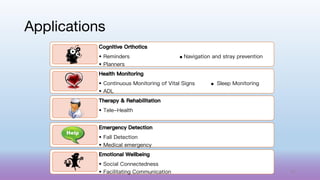 Applications
Cognitive Orthotics
• Reminders ● Navigation and stray prevention
• Planners
Health Monitoring
• Continuous Monitoring of Vital Signs ● Sleep Monitoring
• ADL
Therapy & Rehabilitation
• Tele-Health
Emergency Detection
• Fall Detection
• Medical emergency
Emotional Wellbeing
• Social Connectedness
• Facilitating Communication 57
 