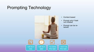 Prompting Technology
• Context-based
• Prompt only if task
not initiated
• Prompt can be re-
issued
I’ve done
this task
I won’t do
this task
I will do it
now
I will do it
later 66
 