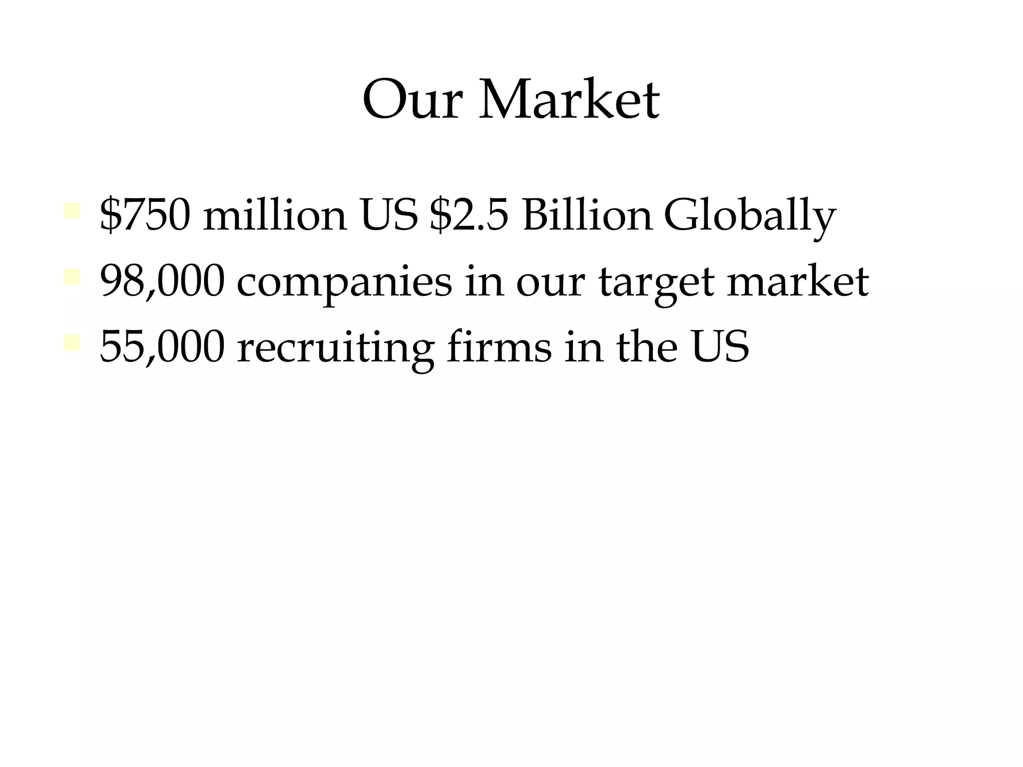 Our Market $750 million US $2.5 Billion Globally 98,000 companies in our target market 55,000 recruiting firms in the US 