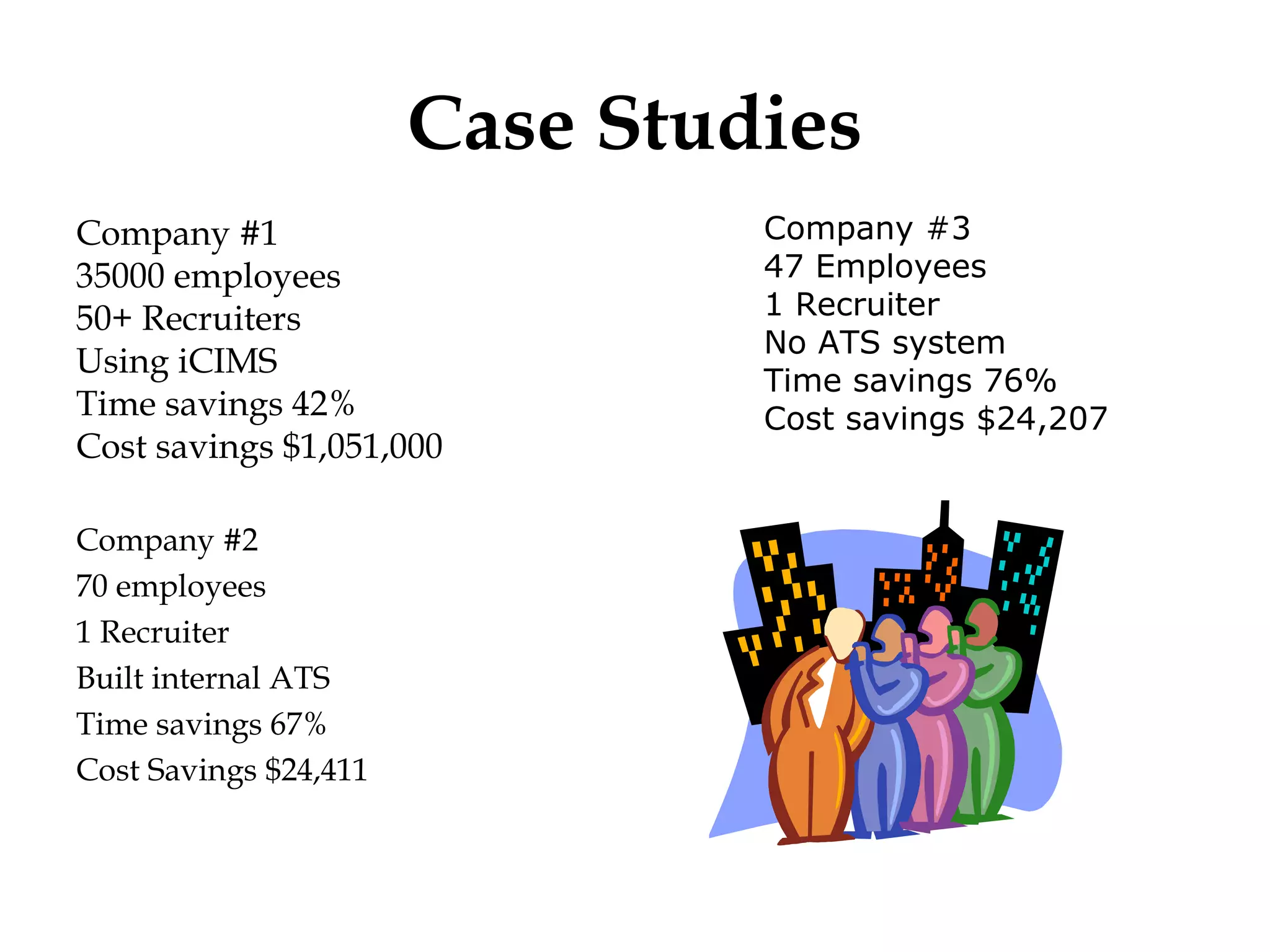 Case Studies Company #3 47 Employees 1 Recruiter No ATS system Time savings 76% Cost savings $24,207 Company #1 35000 employees 50+ Recruiters Using iCIMS Time savings 42% Cost savings $1,051,000 Company #2 70 employees 1 Recruiter Built internal ATS Time savings 67% Cost Savings $24,411 