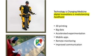 Technology is Changing Medicine
digital innovations is revolutionizing
healthcare
• 3D printing
• Big data
• Accelerated experimentation
• Mobile apps
• Remote monitoring
• Improved communication
 